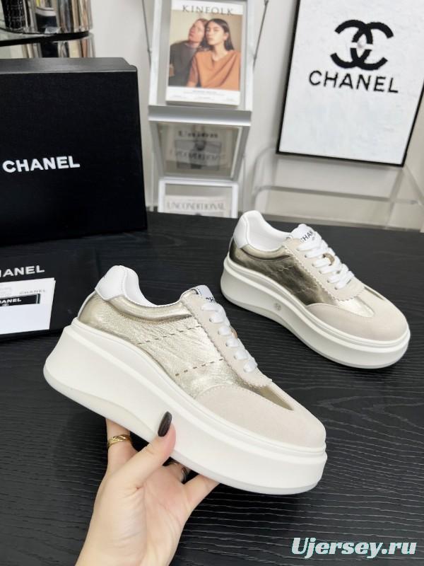 2025 Women Chanel Beige Gold Leather Suede Sneakers LY00290