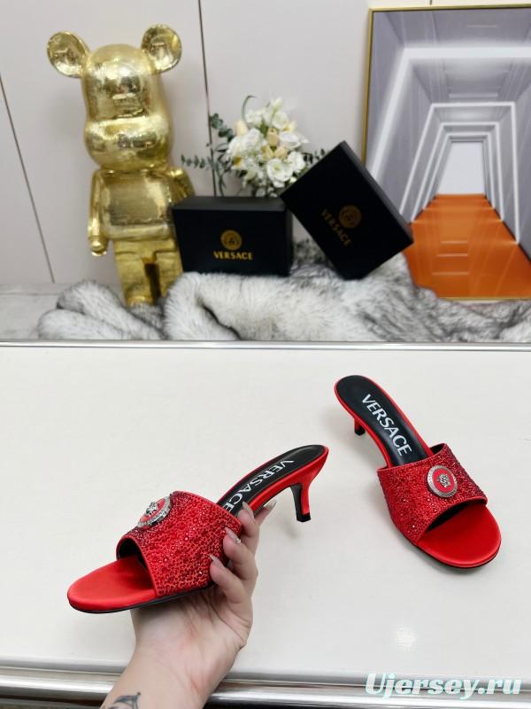 2025 Women VERSACE Red Silk Rhinestone Kitten Heel MJ00230