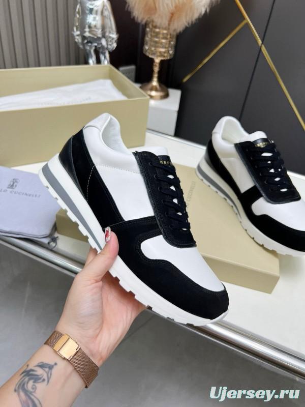 2024 Unisex Brunello Cucinelli Black White Suede Calfskin Leather Sneakers MJ00360