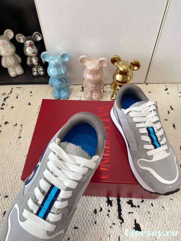 2025 Unisex Valentino Grey Blue White Leather Silk Glossy Running Sneakers LY00340