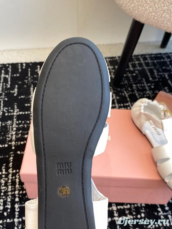 2025 Women Miu Miu White Calf Leather Flat Sandals