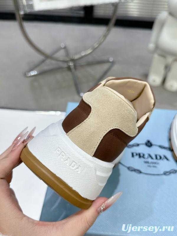 2025 Women Prada Beige Brown Leather Sneakers KFY00310