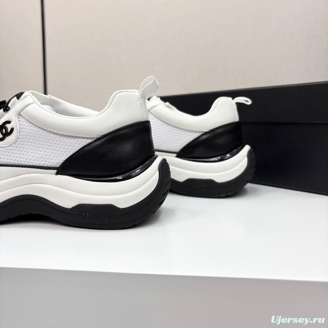 2025 Unisex Chanel White And Black Silk Leather Panda Sneakers With Embroidery Detail CHN2025