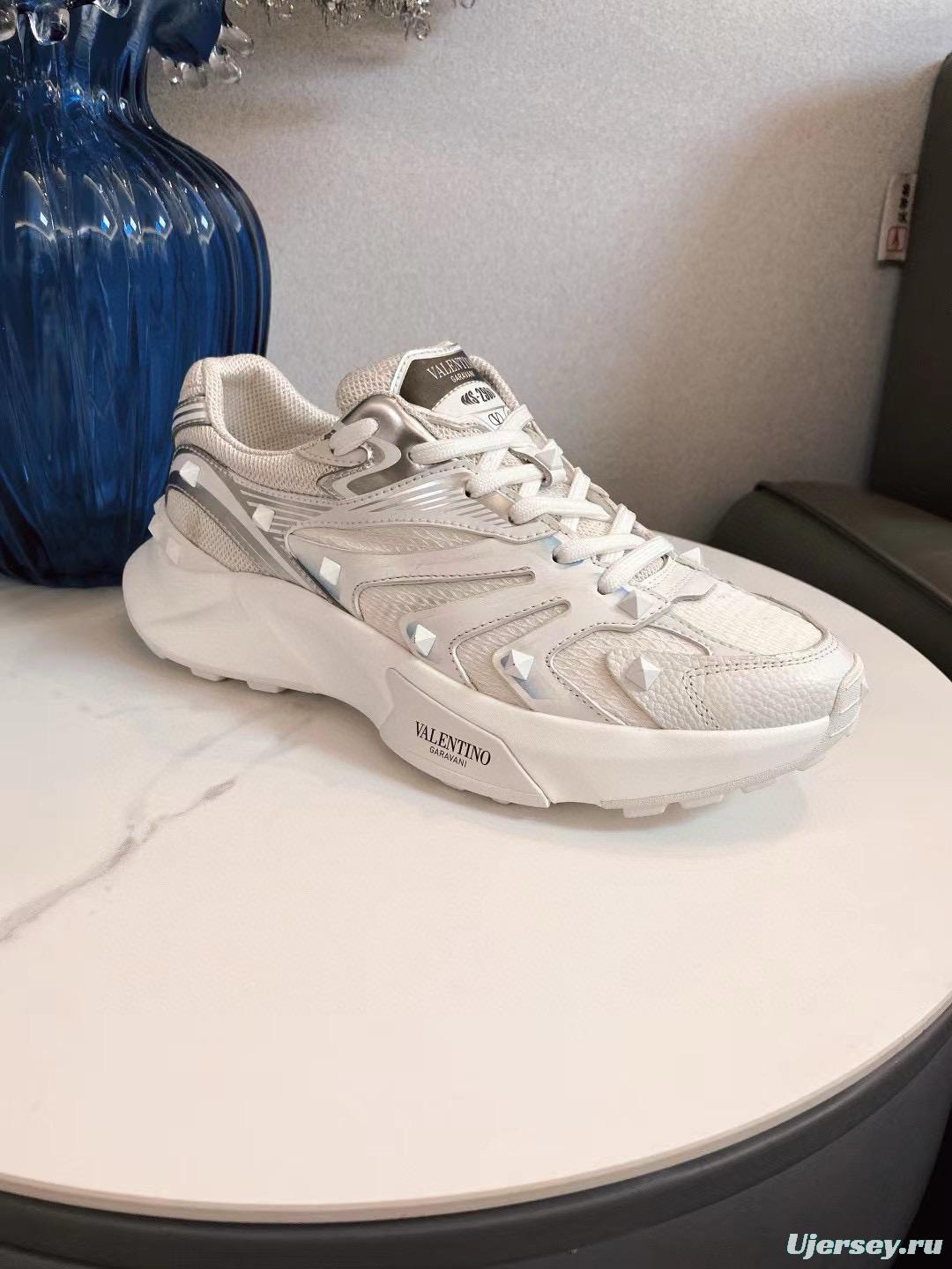 2024 Unisex Valentino White Silver Mesh Leather Sneakers MJ00410