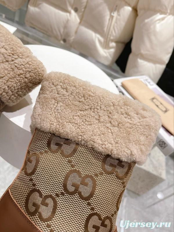 2024 Women Gucci brown leather sheep wool snow boots MJ00420