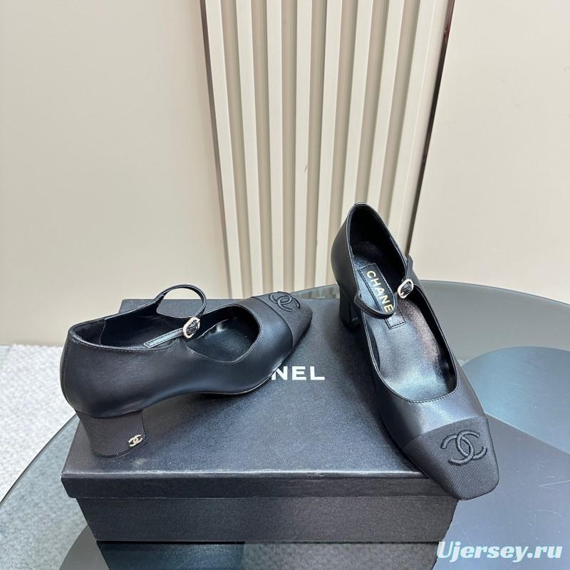 2025 Women Chanel Black Leather Mary Jane Shoes KFY00290