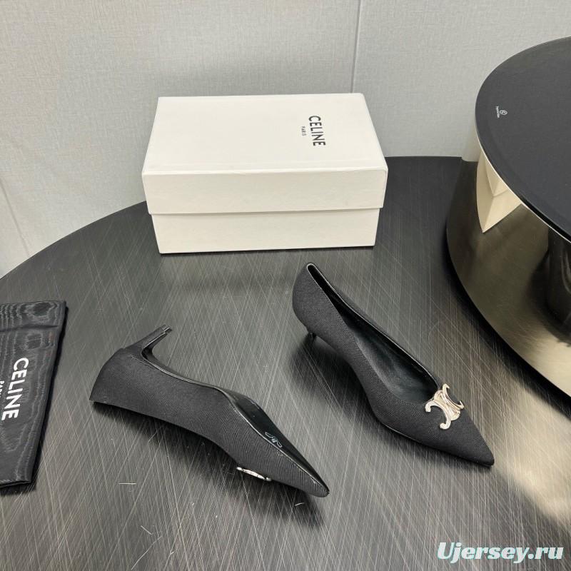 2025 Women Celine Black Fabric Pointed Toe Metal Buckle Pumps