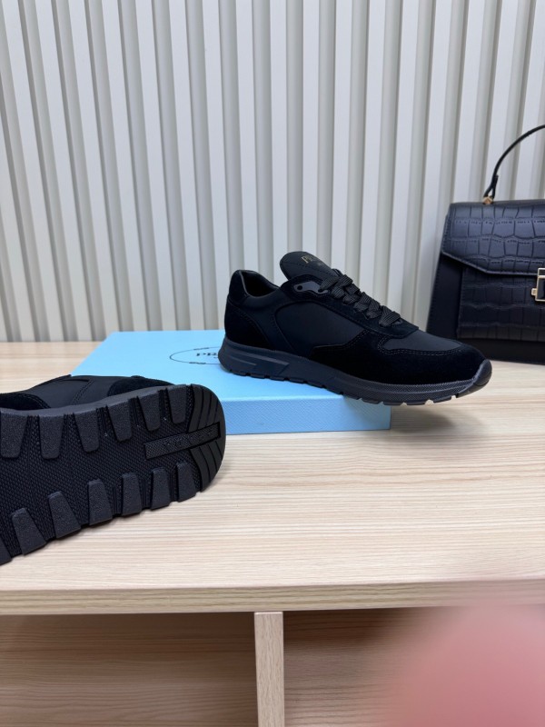 2025 Women Prada Black Suede Nylon Sneakers LY00300