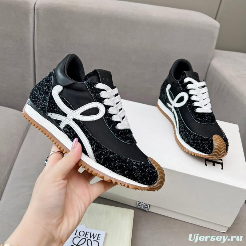 2025 Women Loewe Black White Leather Fabric Sneakers