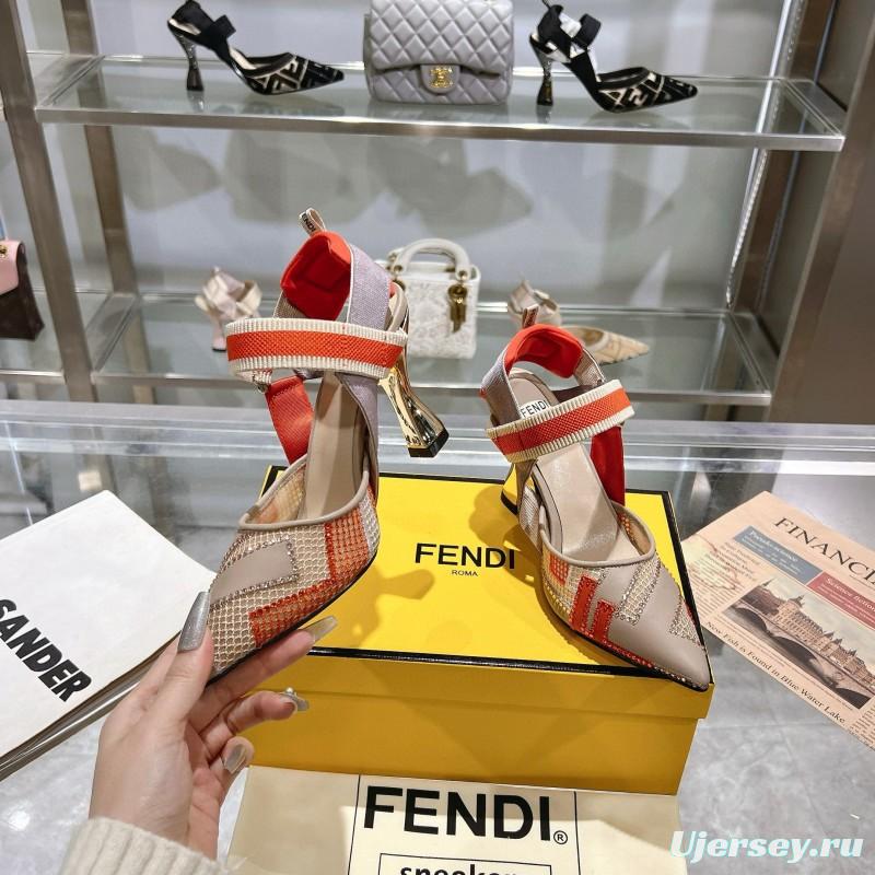 2025 Women Fendi Beige Orange Leather Fabric High Heels MJ00280