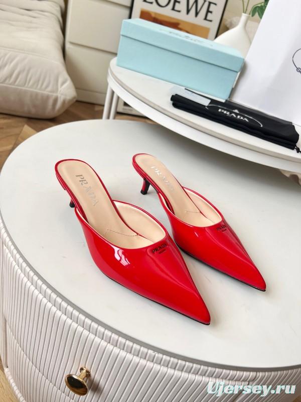 2025 Women Prada Red Patent Leather High Heel Mules LY