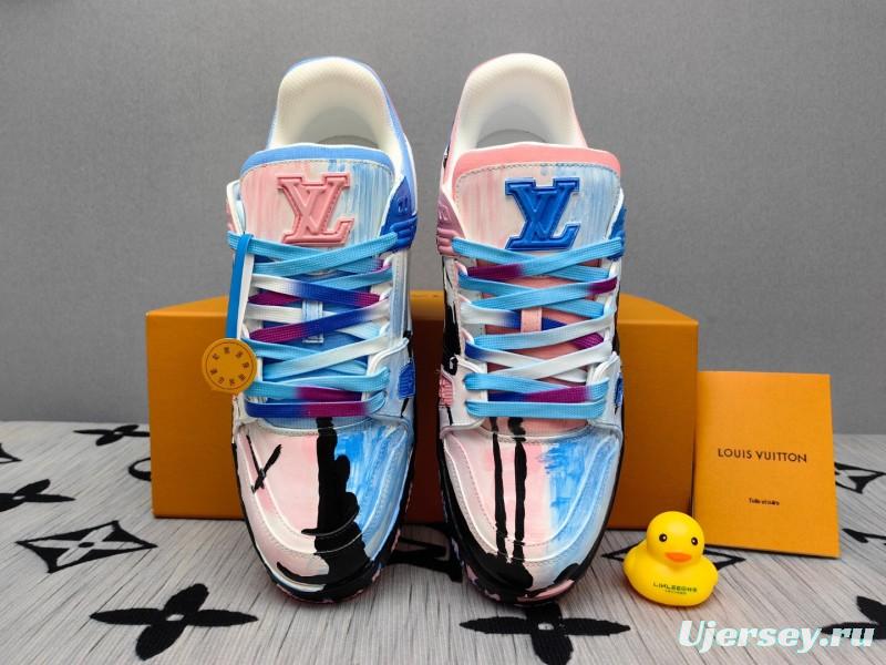 2025 Unisex Louis Vuitton Pink Blue Leather Canvas Plimsolls Hand Painted KFY00620