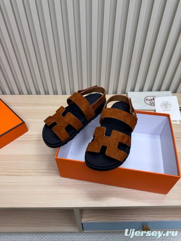 2025 Women Hermès Brown Suede Leather Sandals