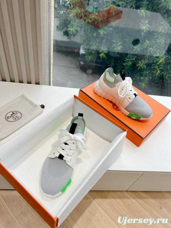 2024 Unisex Hermès White Green Calfskin Suede Sneakers MJ00290