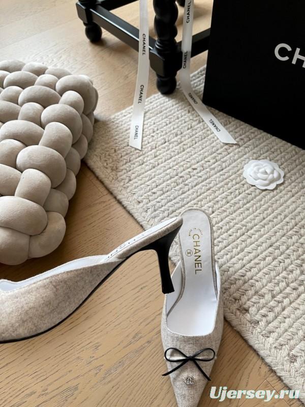 2025 Women Chanel Beige Fabric Pointed Toe Mules KFY00290