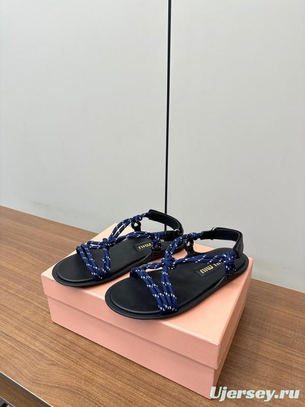 2025 Women Miu Miu Blue Black Leather Rope Sandals