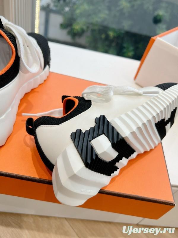2024 Unisex Hermès Black White Orange Calf Leather Suede Knit Sneakers MJ00290