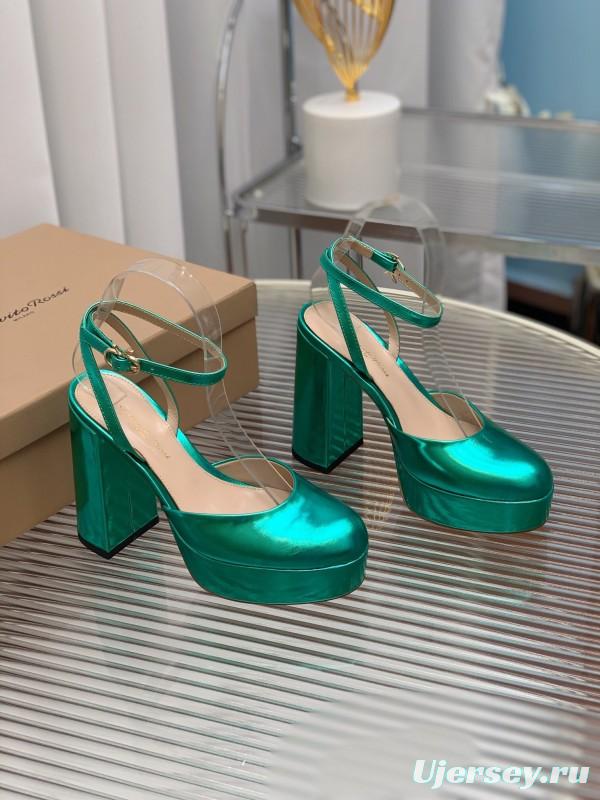 2025 Women Gianvito Rossi Metallic Green Leather Platform Sandals
