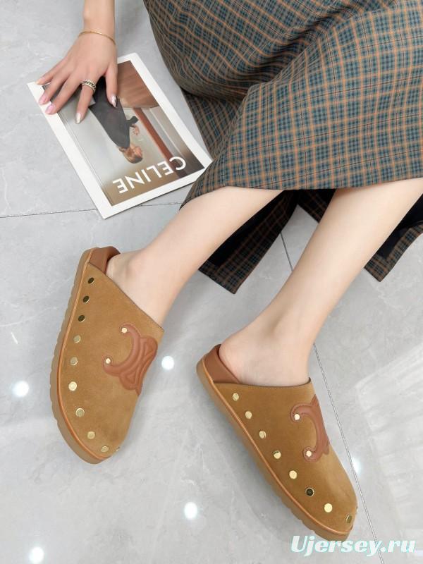 2025 Slippers Celine Brown Suede Leather Slippers LY00240