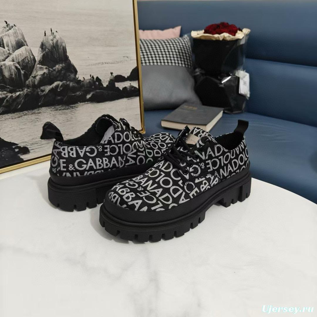 2024 Unisex Dolce & Gabbana Black White Leather Canvas Derby Chunky Shoes MJ00310