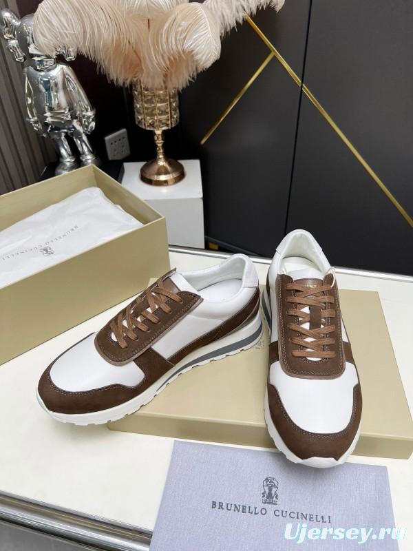 2024 Men Brunello Cucinelli White Brown Leather Suede Sneakers MJ00360