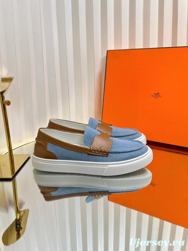 2025 Women Hermès Blue Brown Leather Canvas Loafer LY00310