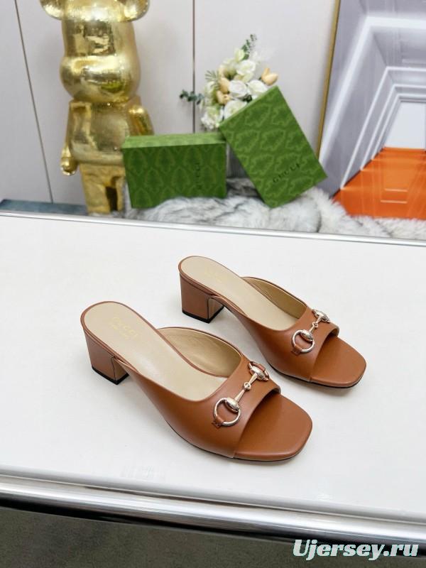 2025 Women Gucci Brown Leather Mules Classic Buckle MJ00180/215