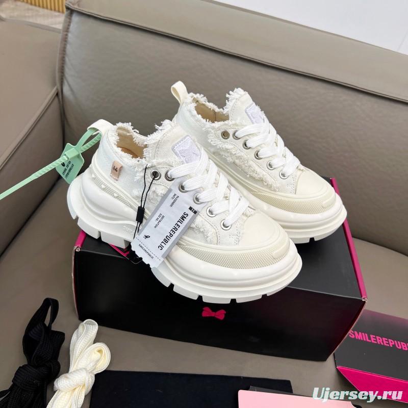 2025 Unisex Smile Republic White Canvas Thick Sole Casual Sneakers Frayed Edge LY00291