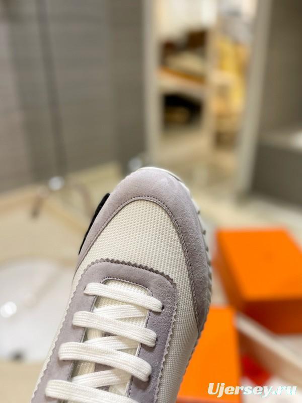 2024 Unisex Hermès White Beige Suede Rain Cloth Casual Sneakers MJ00320