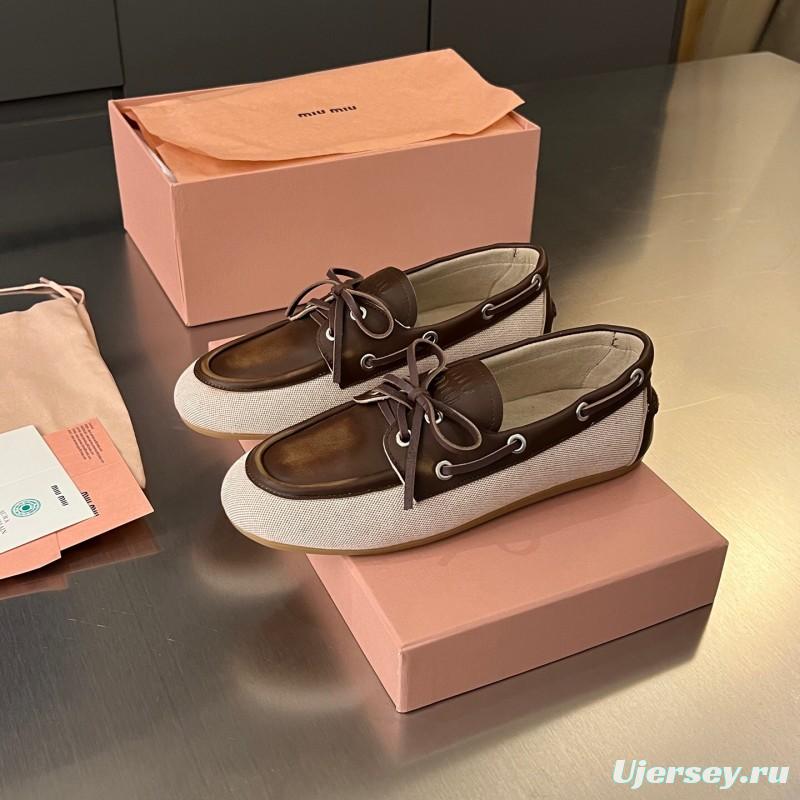2025 Women Miu Miu Brown Beige Leather Canvas Loafers LY00230