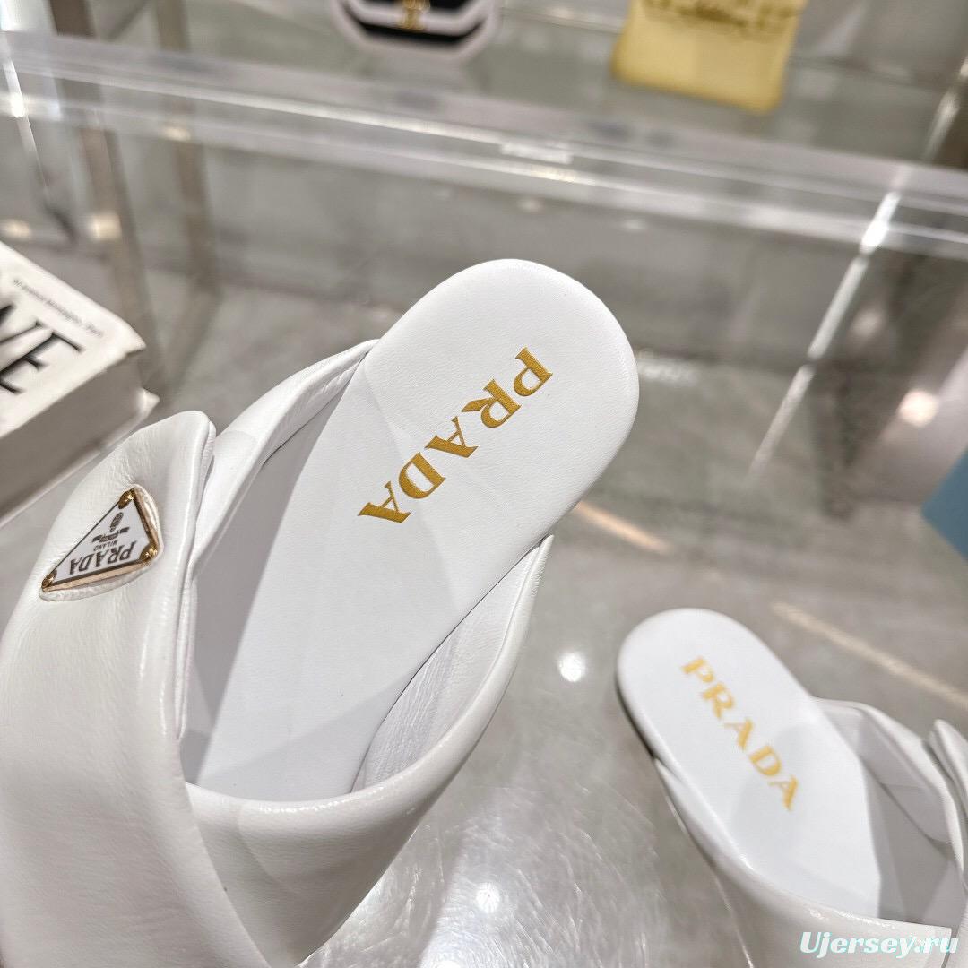2025 Women Prada White Leather Slippers