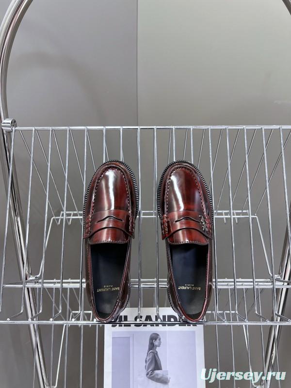 2025 Women Yves Saint Laurent Burgundy Calf Leather Loafers KFY00350