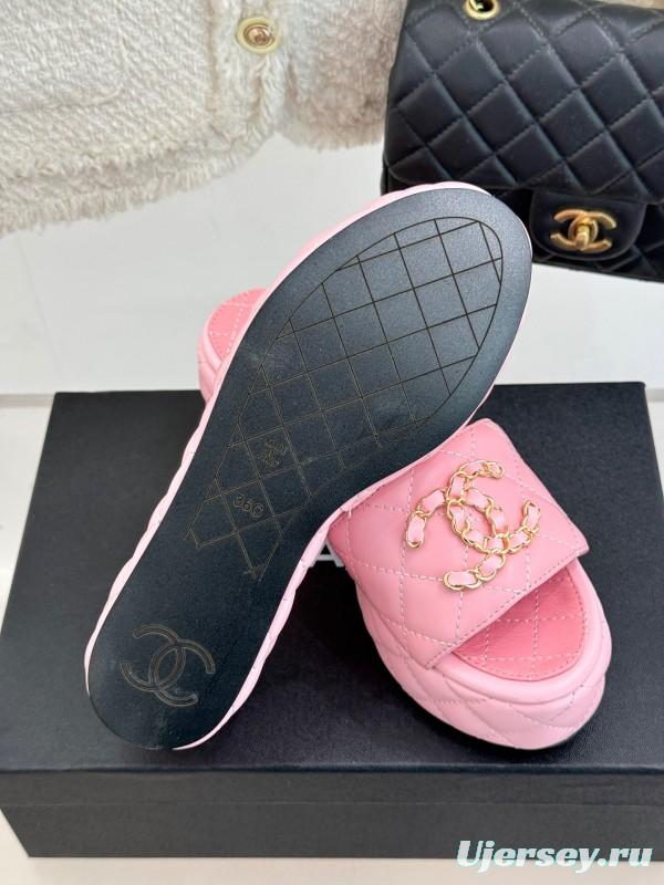 2025 Women Chanel Pink Leather Platform Slide Sandals