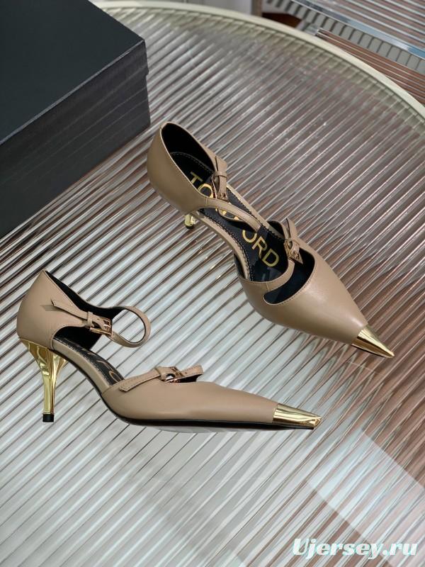 2025 Women TOM FORD Beige Leather Pointed Toe Metal Tip Pumps KFY00320