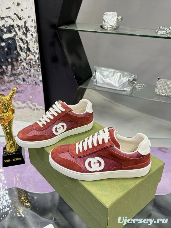 2024 Unisex Gucci Red Burgundy White Leather Suede Sneakers MJ00310