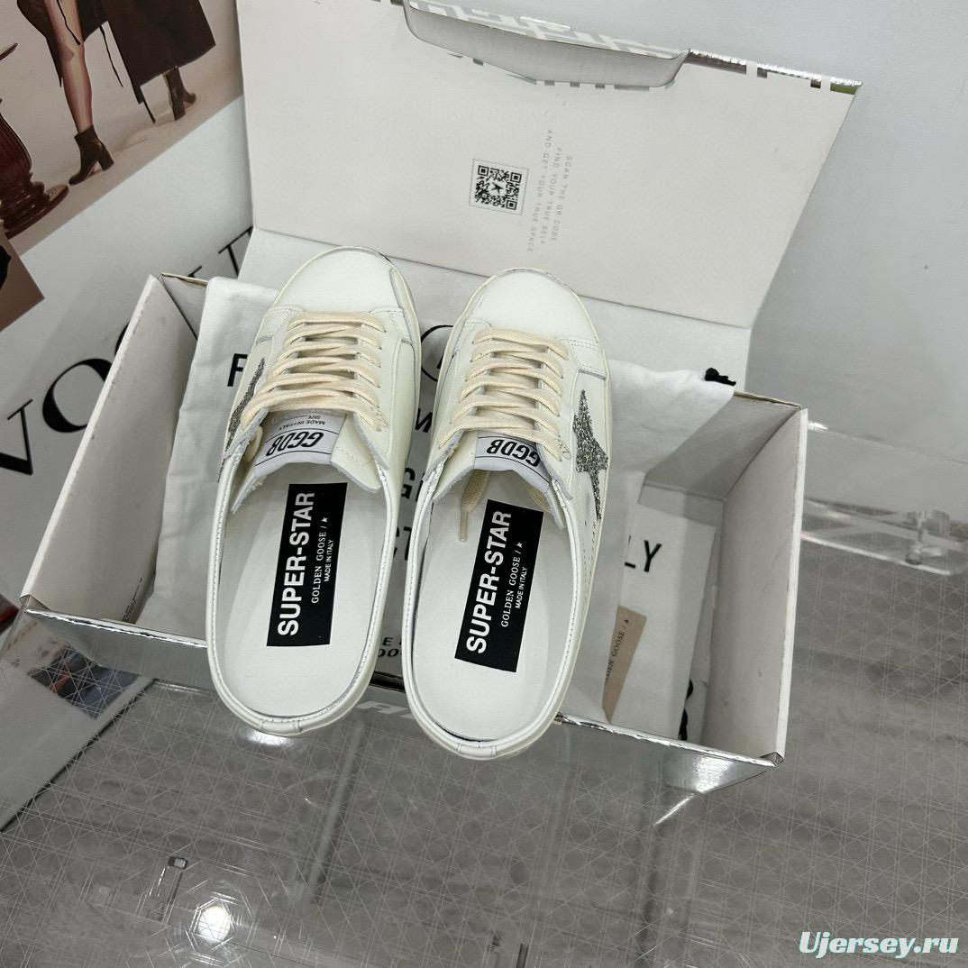 2025 Women GGDB White Silver Leather Suede Star Mules