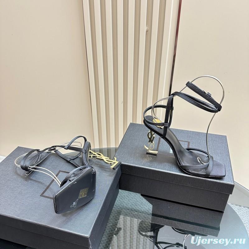 2025 Women Yves Saint Laurent Black Satin High Heel Sandals KFY00290