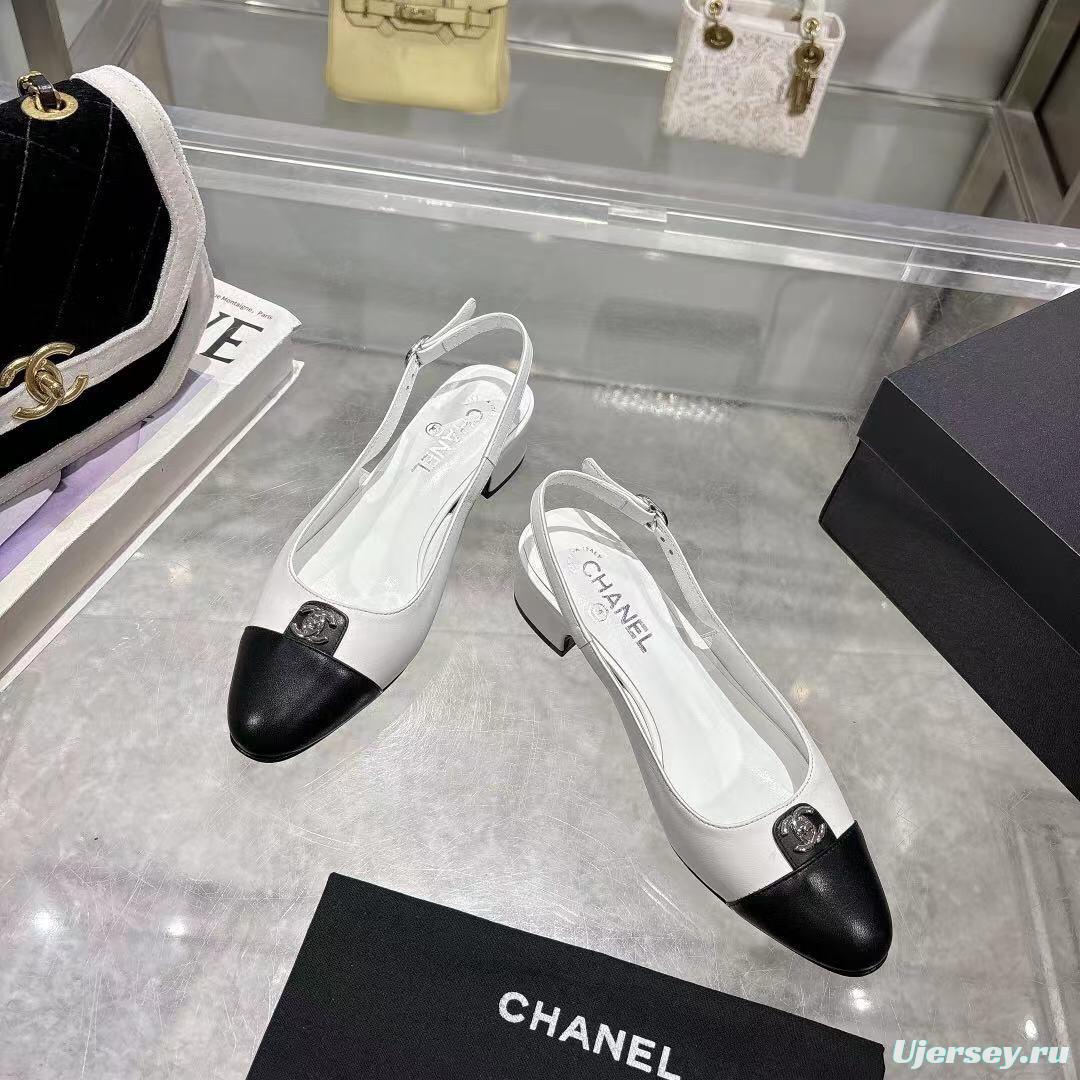2025 Women Chanel White Black Leather Slingback Heels LY00300
