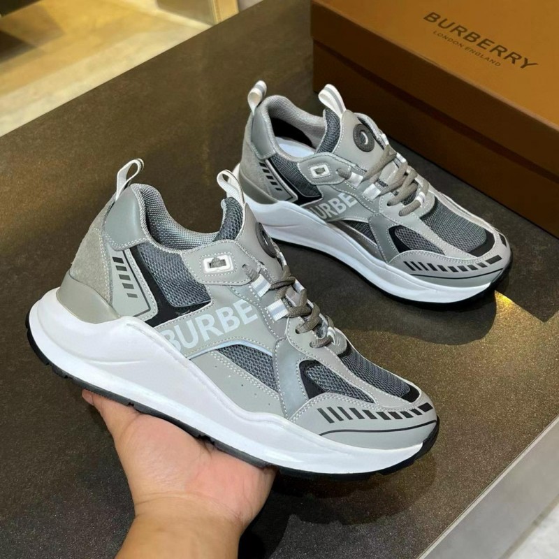 2025 Unisex Burberry Grey Suede Leather Mesh Sneakers Vintage Code MJ00380