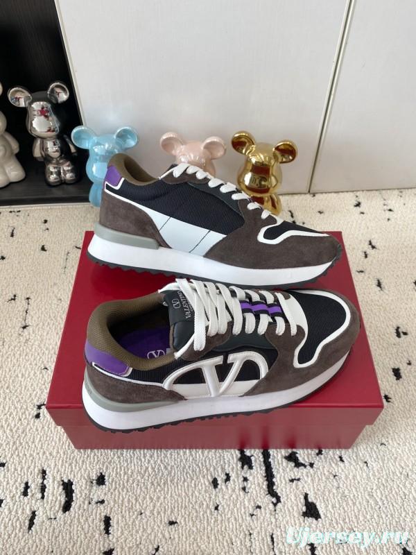 2025 Unisex Valentino Black Brown Purple Suede Leather Mesh Sneakers
