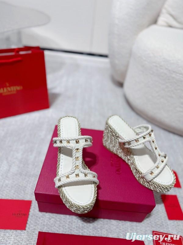 2025 Women Valentino White Leather Wedge Sandals Studs LY00290