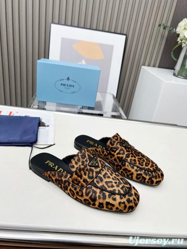 2025 Women Prada Leopard Calf Hair Slippers LY00260