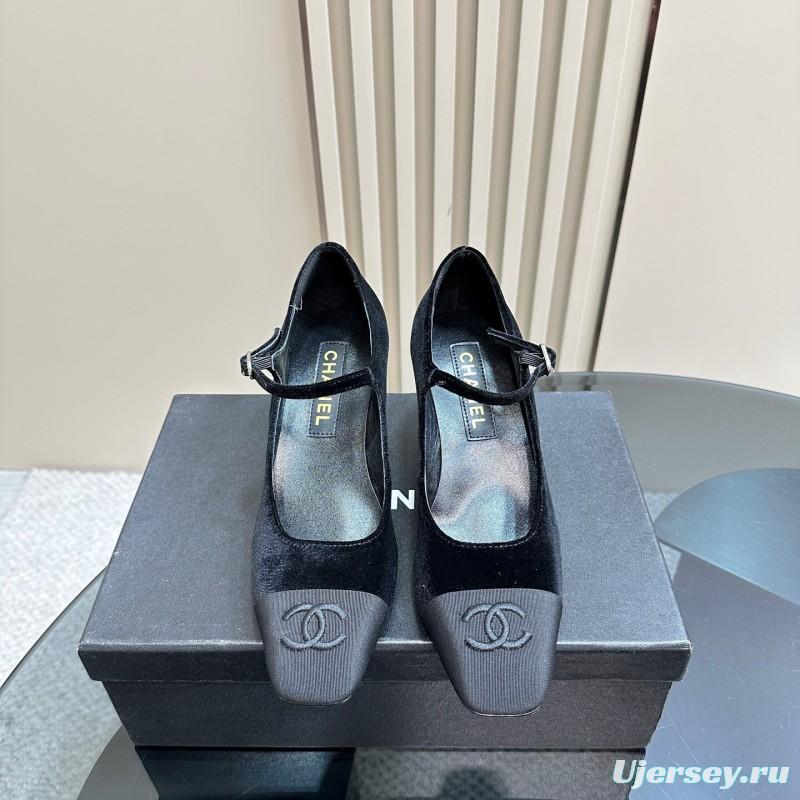 2025 Women Chanel Black Velvet Leather Mary Jane CC Logo KFY00290