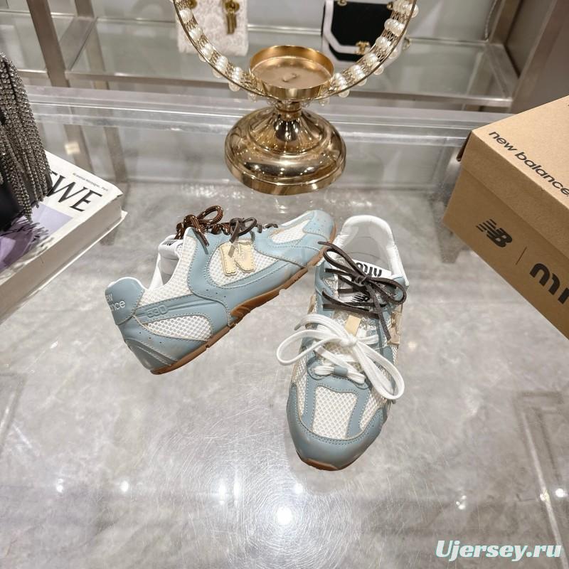 2025 Women Miumiu Light Blue White Leather Mesh Sneakers