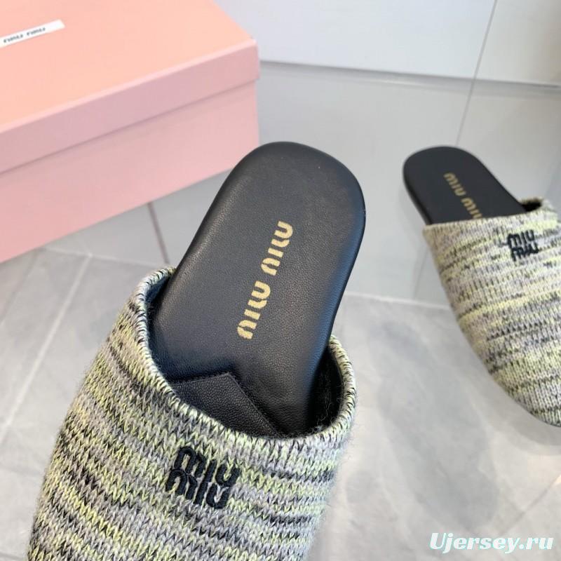 2025 Miu Miu Grey Black Fabric Slippers