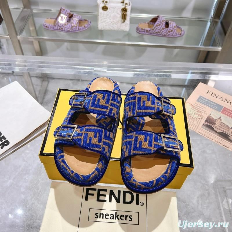 2025 Fendi Blue Fabric Leather Slippers MJ00230
