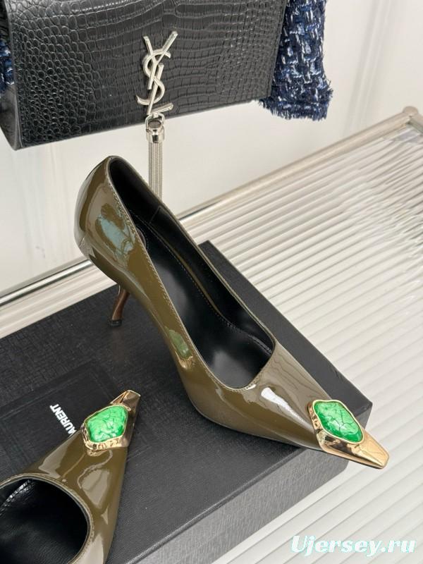 2024 Women Yves Saint Laurent Olive Green Patent Leather High Heel Gemstone MJ00330