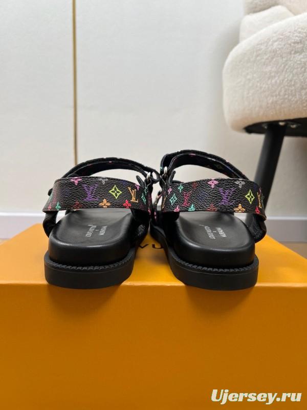 2025 Women Louis Vuitton Black Multicolor Canvas Sandals