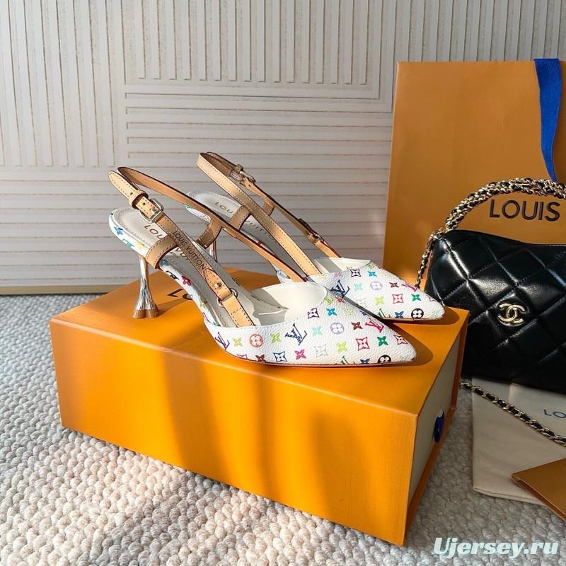 2025 Women Louis Vuitton White Multicolor Canvas Leather Slingback Pumps