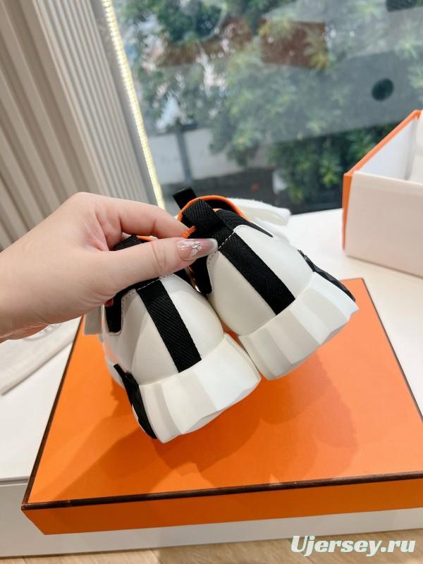 2024 Unisex Hermès Black White Orange Calf Leather Suede Knit Sneakers MJ00290